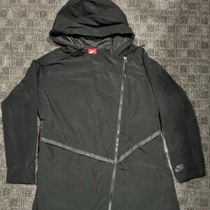 Nike long black windbreaker jacket asymmetrical trim Large